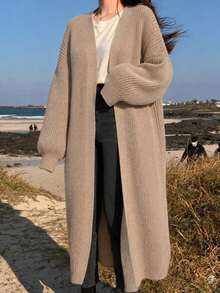 Plus Size Women Plus Size Lantern Sleeve Knitted Cardigan, Autumn/Winter Sweater Fall - Khaki - View 1