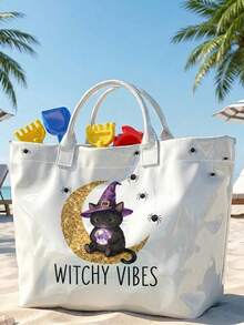 1pc, Halloween Magic Kitten Polka Dot Print Glossy PVC Tote Bag, Large Capacity, Top Handle, For Beach,Office Shopping Daily Use - Multicolor - View 3