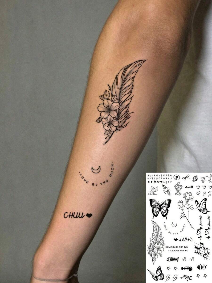 1pc Men's Temporary Tattoo Sticker,Mixed Pattern Of Butterflies, Roses, Feathers, Music Notes, Fish Bones And Texts, Realistic Tattoo Design, Suitable For Daily Wear, Bachelorette Party Favors, Music Festivals, Games, Graduation Gifts, Lasts 3-5 Days - Christmas - View 1