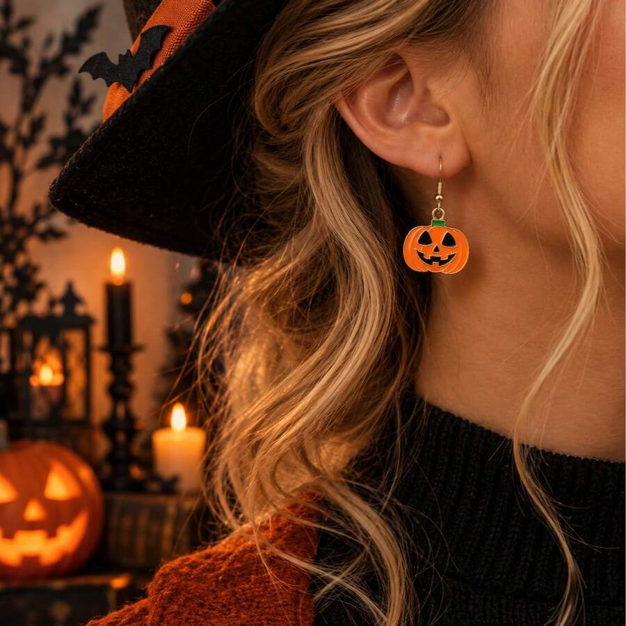 Halloween Cute Pumpkin Smiling Face Ear Hooks, Funny Orange Pumpkin Lantern Pendant, Holiday Party Earrings - Yellow - View 1