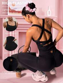 Women Black Crisscross Back Sports Bra, Round Neck Padded Crop Tank Top, 4-Way Stretch, Supportive Breathable Slim Fit Workout Yoga Gym Top - Black - View 4