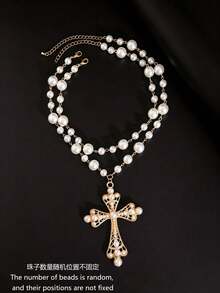 2pcs Gold-Tone Faux Pearl Cross Pendant Necklace Set, Women's Daily & Party Wear - Gold - View 3