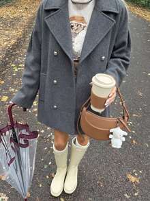 Elegant Women's Grey Coat, Regular Length Lapel Jacket, Women's Long Drop Shoulder Sleeve Outerwear, Double Button Pockets, Showcasing Fashionable Winter Style. - Grey - View 7