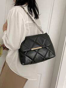 Dedoo Women's Diamond Quilted Faux Leather Flap Shoulder Bag, Gold Metal Strip Decor Chain Strap, Large Capacity Elegant Luxury Handbag, Suitable For Daily, Party, Commute - Black - View 3