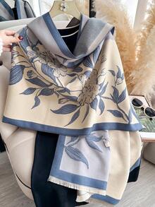 1PC Minimalist Elegant Floral Plant Pattern Jacquard Faux Cashmere Warm Scarf, Cold-Proof Neck Warmer, Women's Autumn/Winter Fashion Versatile Air Conditioning Shawl Blanket, Suitable For Daily Matching And Decorative Use - Blue - View 5
