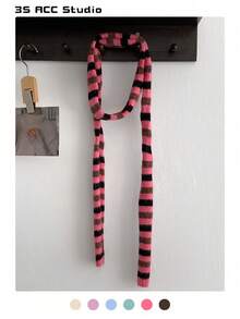 1pc Color Block Knit Narrow Scarf, Fashion Design Decorative Neck Warmer, Suitable For Autumn/Winter, Couples, Y2K Striped Color Block Long Scarf For Women, Warm And Versatile Accessory - Slim - View 19