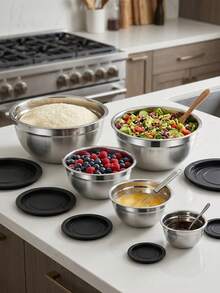 MiLaiWP 1/5 Set With Lid Salad Bowl Set, Stainless Steel Mixing Bowl, Kitchen Accessories, With Silicone Base And Non-Slip Pad, Suitable For Food Storage, Meal Prep, Salad, Etc., Kitchen Use - Black - View 5