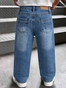 Celana Jeans Denim Biru Muda dengan Pinggang yang Dapat Disesuaikan, Model Distressed Medium Washed. - Light Wash - View 3