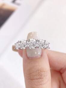 1pc Moissanite Ring 1CT Five-Stone Ring Face, High-End Women's Style, Suitable For Engagement And Special Occasions - Silver - View 3