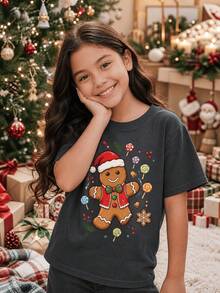 Camiseta de manga corta para niño, diseño navideño con galleta de jengibre, luces y adornos festivos, ropa casual para fiestas de Navidad - Gris Oscuro - Ver 2