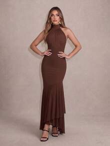 COLYSMO Women's Brown Halter Neck Mermaid Long Dress, Pleated Mesh Backless Fitted Mermaid Evening Cocktail Wedding Guest Formal Gown - Brown - View 1