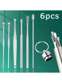 10pcs/6pcs Stainless Steel Ear Cleaning Tool Set - Spiral Earwax Remover, Ear Piercing Care Kit With Ear Cleansing Spoon, No Battery Needed, Holiday Gift, Portable Keychain For Travel Home Beauty - Multicolor - View 10