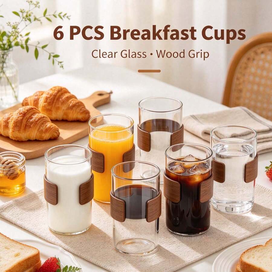 Gelas Kaca Lurus Bening 11,5oz dengan Cincin Isolasi Panas Kayu **Setengah Melingkar**, Mug Air dengan Alas Tebal, Gelas Transparan Sederhana untuk Kopi, Teh, dan Minuman Sehari-hari - View 1
