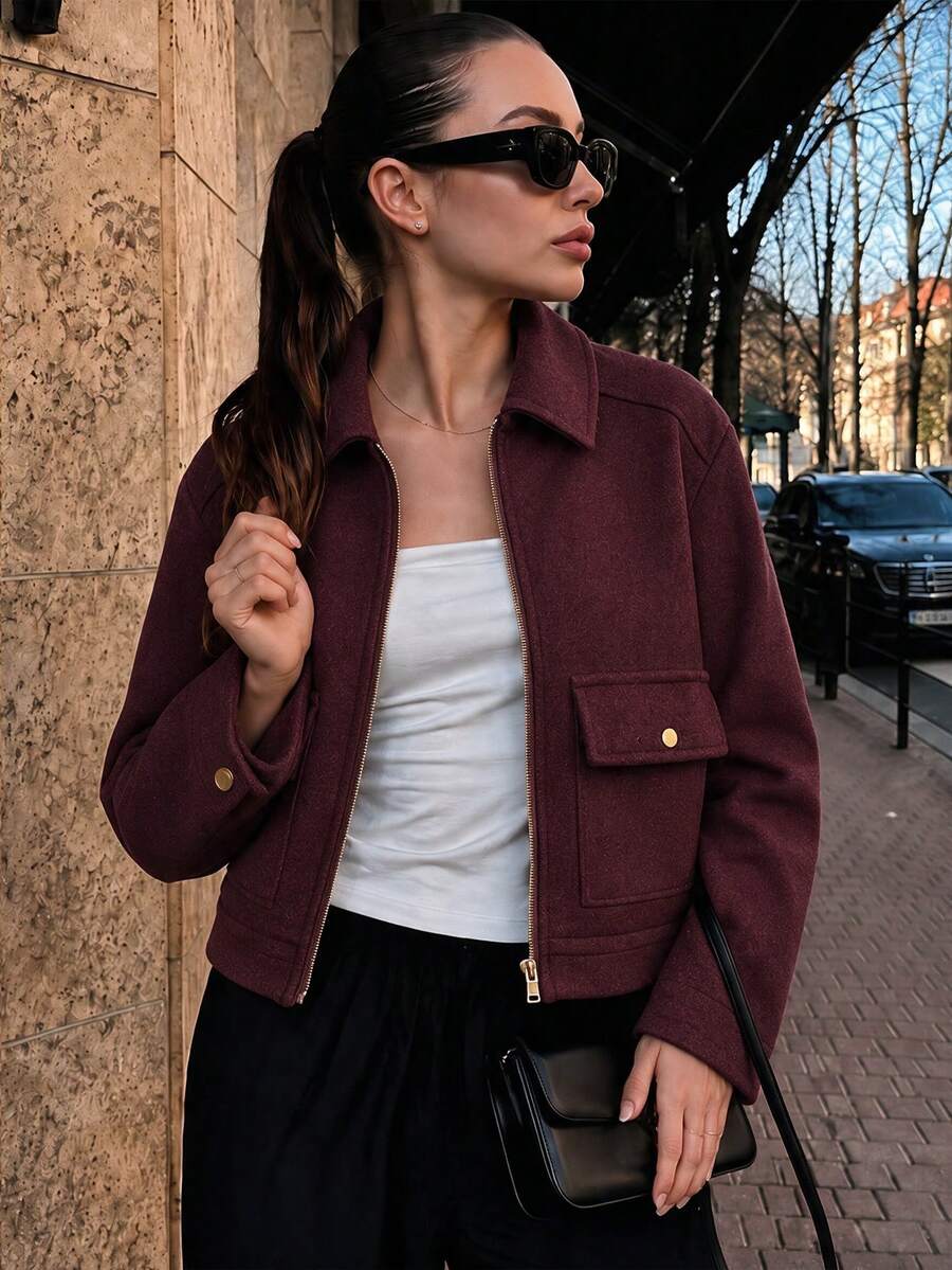 Women's Soft Jacket, New Autumn/Winter Women's Zip-Up Short Jacket, Long Sleeve Pocket Bomber Jacket Fall