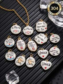 1pc 18K Gold Plated Stainless Steel Heart & Round Pendant With Italian Proverb Letter, DIY Bracelet Or Necklace Handmade Kit, Gift - Pendants - View 1