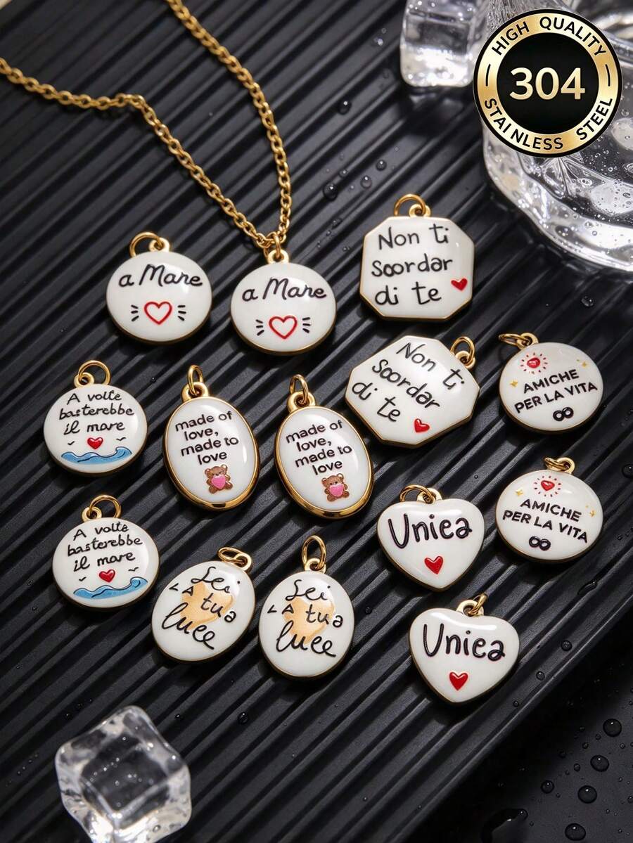 1pc 18K Gold Plated Stainless Steel Heart & Round Pendant With Italian Proverb Letter, DIY Bracelet Or Necklace Handmade Kit, Gift - Pendants - View 1