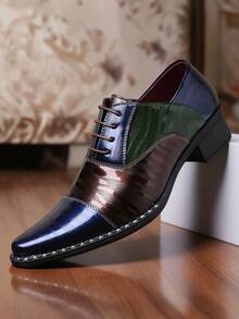QRLQRL Men's Spring/Autumn Contrast Color Glossy Lace-Up Dress Shoes, Pointed Toe Chunky Heel Fashion Shoes For Evening Party, Cocktail, Business Event - Blue - View 2