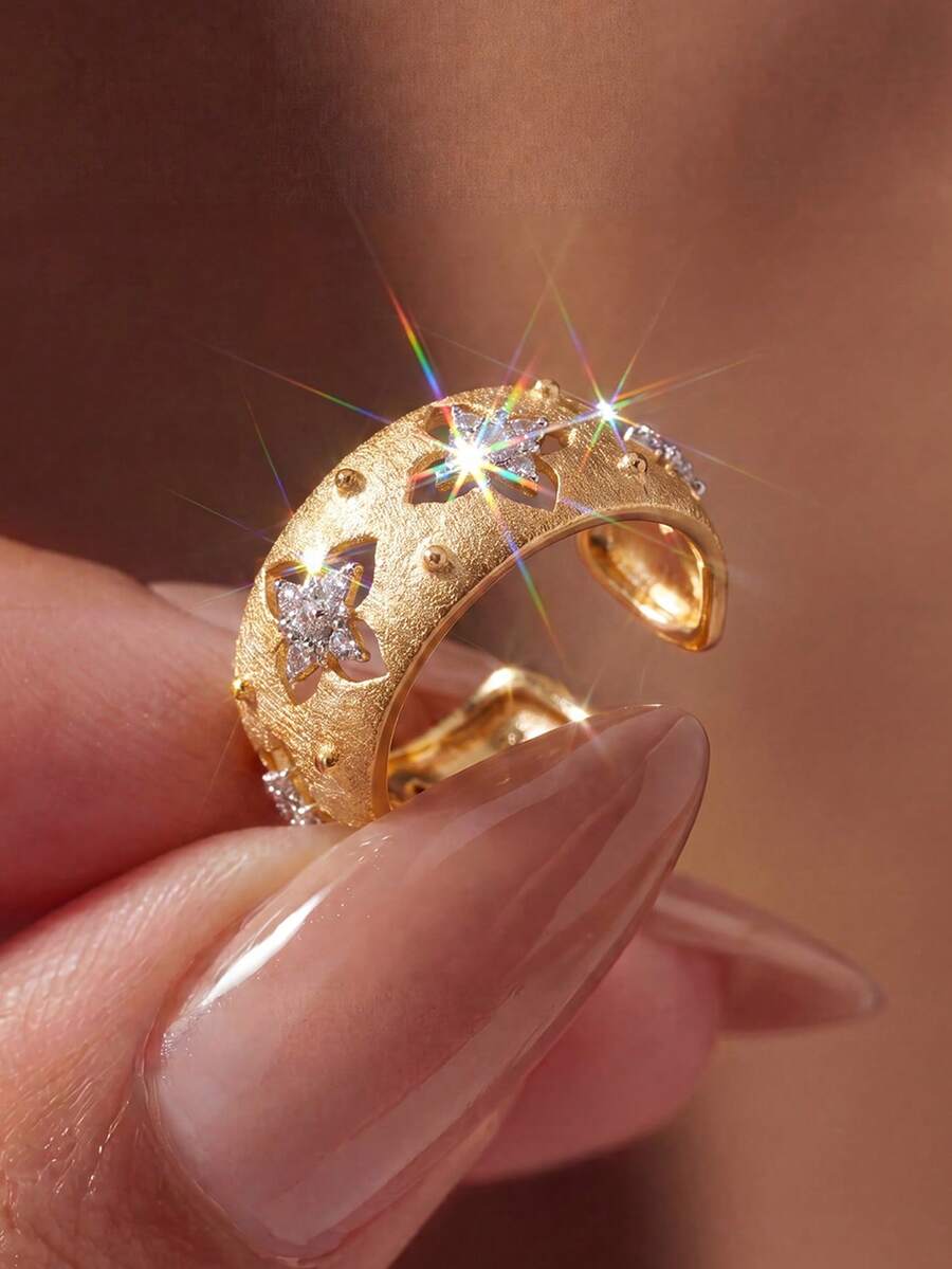 1 buah Cincin Terbuka Motif Daun Semanggi Empat Kelopak Gaya Istana dengan Sentuhan Akhir Halus, Hadiah Ulang Tahun, Cincin Romantis untuk Wanita