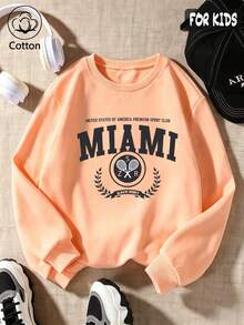 Cotton Boys' Crewneck Pullover Sweatshirt, Autumn Winter Loose Fit With Miami Print Pattern Casual Sporty Preppy Style - Hami Melon Orange - View 2