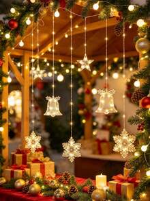 1 buah Lampu Dekorasi Natal Bertenaga Baterai 2m, Lampu Tirai Lonceng & Kepingan Salju, Lampu Dekorasi Rumah Natal, Lampu Dekorasi Dinding Kamar Tidur, Lampu Dekorasi Pohon Natal, Lampu Dekorasi Pesta Liburan Dalam Ruangan Musim Dingin - Clear - View 6