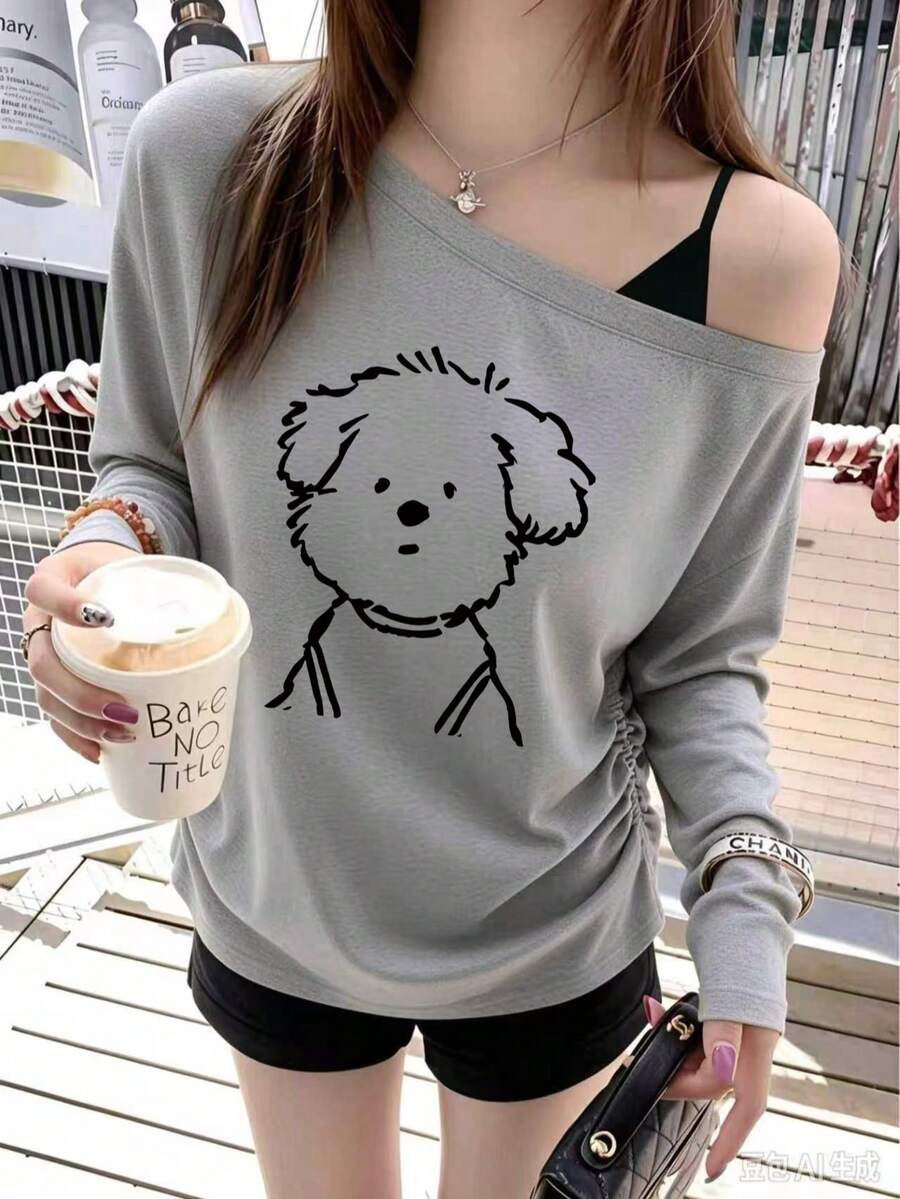Korean Style Cute Hand-Drawn Puppy Print Asymmetrical Shoulder Long Sleeve T-Shirt Women Grey Asymmetrical Shoulder Ruched Side Slim Fit Cropped Top Autumn - Light Grey - View 1