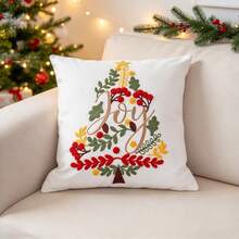 1pc Christmas Embroidered Pillow Case, Christmas Tree & Golden Bell Pattern Square Cushion Cover, White Decorative Pillowcase, Sofa Home Christmas Decoration, Pillow Insert Not Included - Multicolor - View 9