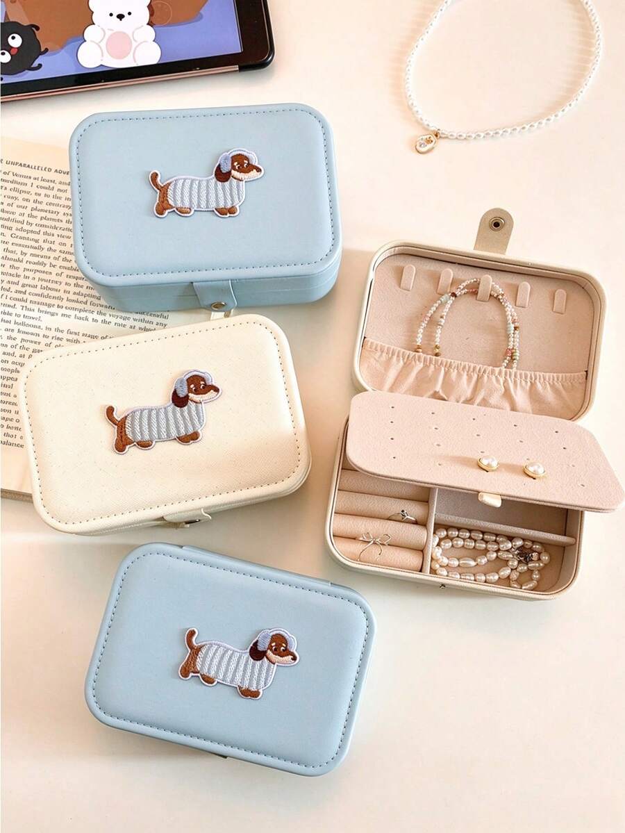 1pc Cute Dachshund Embroidered Jewelry Box, Portable Travel Jewelry Storage Box, Faux Leather Compact Earring Ring Necklace Storage Box, Suitable For Girls, Multi-Compartment Jewelry Storage Box, Snap Button Design Jewelry Storage Box, High-Value Cartoon Puppy Decor Jewelry Storage Container, Lightweight Compact Jewelry Storage Box, Can Store Earrings, Rings, Necklaces, Bracelets, Daily Wear Accessories