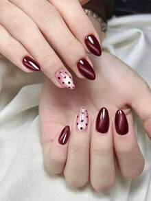 30pcs Y2K Short Almond Cat Eye Press-On Nails, Burgundy Nails With Polka Dot Pattern, Acrylic Fake Nail Set, Includes 1pc Jelly Glue And 1pc Nail File, Suitable For Autumn/Winter - Burgundy - View 1