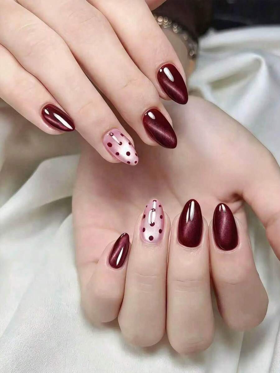 30pcs Y2K Short Almond Cat Eye Press-On Nails, Burgundy Nails With Polka Dot Pattern, Acrylic Fake Nail Set, Includes 1pc Jelly Glue And 1pc Nail File, Suitable For Autumn/Winter - Burgundy - View 1