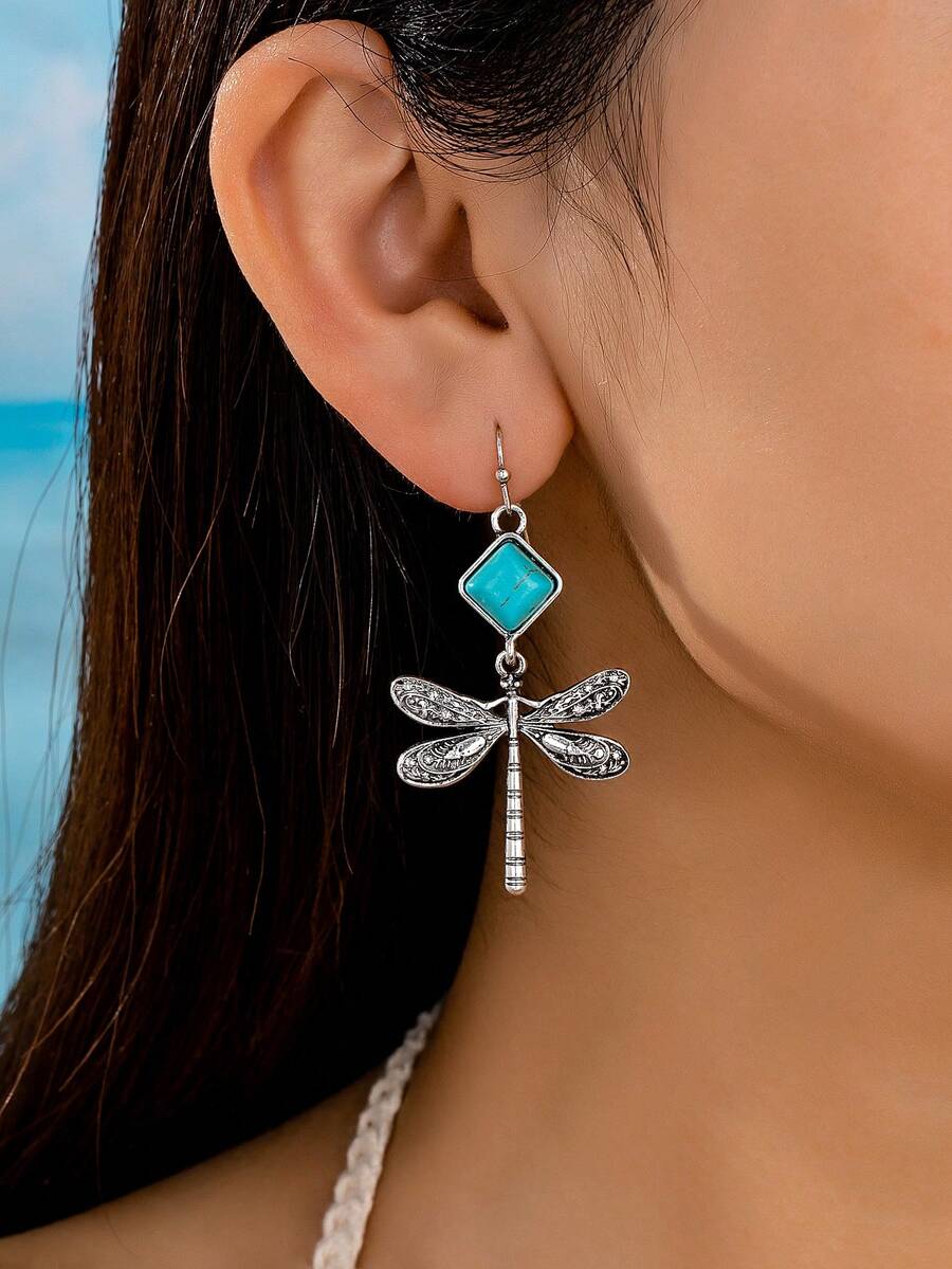 European & American Western Vintage Distressed Silver Dragonfly Earrings With Square Faux Turquoise Pendant, Long Ear Hooks For Women - Multicolor - View 1