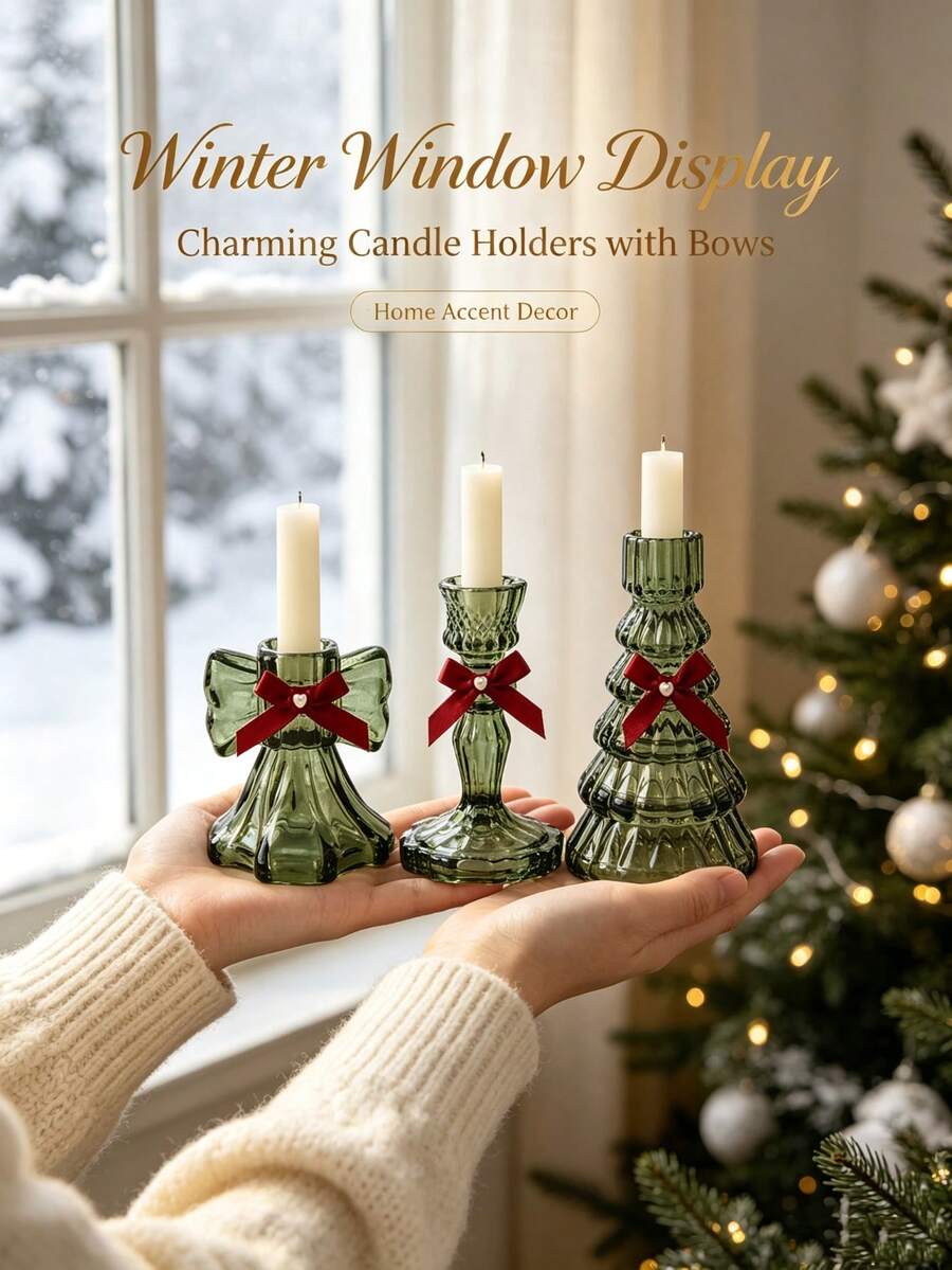 Light Luxury Exquisite High-Quality Glass Candle Holder DIY Gift Set Includes (Candle Holder + Bow + Heart Sticker) Suitable For Home Decor, Room Decor, Party And Holiday Decoration, Office Decor, Living Room Accessory, Also Perfect Gift For Christmas, Halloween, Wedding, New Year With Great Atmosphere - Elegant Gift - View 1