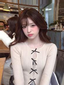 秋季韓系甜美極簡性感設計 羅紋蝴蝶結蕾絲拼接修身針織毛衣 女款秋冬新款 百搭優雅顯瘦套頭衫 - 杏色 - 查看 2