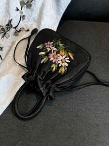 Mini Elegant Floral Embroidered Drawstring Bucket Bag, Mother's Day Gift, Fashion Drawstring Handbag, Phone Coin Purse, Suitable For Daily Use, Double Handle Wallet, Holiday/Wedding Choice - Multicolor - View 5