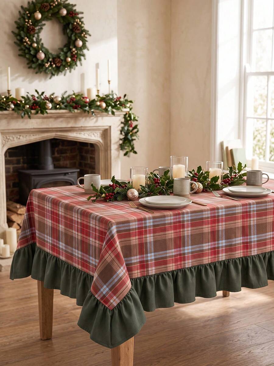 1pc Red And Green Plaid Tablecloth, Country Pastoral Style, Fabric Material, Rectangular Shape, Green Ruffle Trim Decoration, Beautifies And Protects Tabletop, Functional Dining Tablecloth Suitable For Christmas And Winter Home Decor Scenes - Red - View 1
