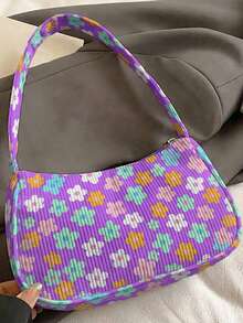 1 buah Tas Bahu Corduroy Motif Bunga Berwarna, Tas Selempang, Kapasitas Penyimpanan Besar, Penutup Resleting, Tas Tangan Baguette Gaya Y2K untuk Hadiah Perjalanan Sehari-hari - MultiWarna - View 3