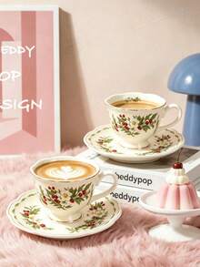1 Set 90ml Vintage Holly Berry Ceramic Coffee Cup & Saucer, Microwave And Dishwasher , Espresso, Arabic Coffee Cup, Saudi Coffee Cup, Suitable For Afternoon Tea, Cafe, Kitchen, Perfect Gift - Multicolor - View 9