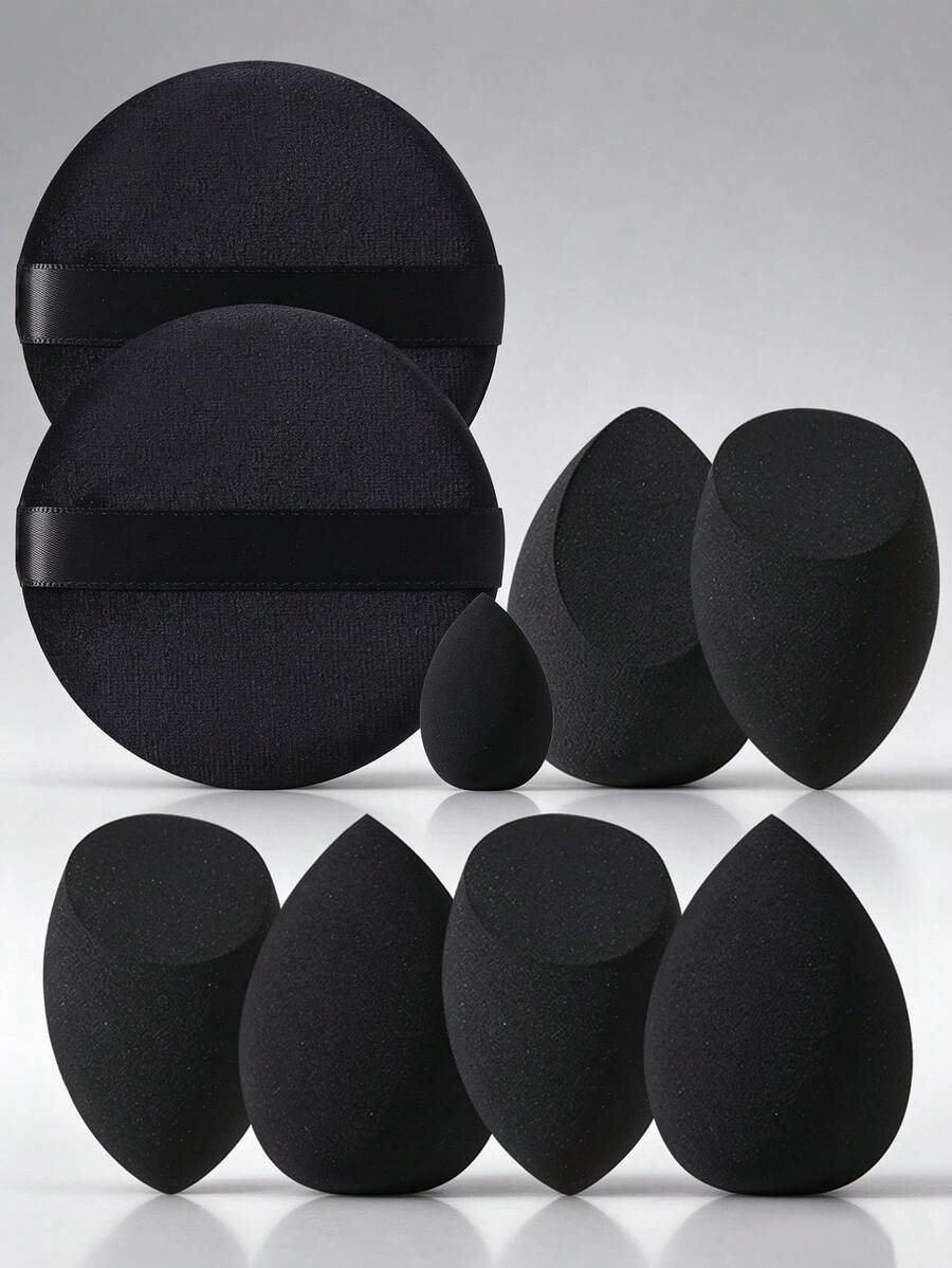 9pcs Makeup Tool Set Including 6 Makeup Sponges For Liquid Makeup + 2 Large Round Powder Puffs + 1 Mini Makeup Sponge For Detail Application - Black - View 1