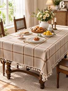 Bubaba Brown Plaid Tassel Tablecloth, Rustic Farmhouse Style Rectangular Tablecloth, Linen Texture Dining Tablecloth, Suitable For Kitchen, Dining Room, Party And Daily Home Decor - Multicolor - View 10
