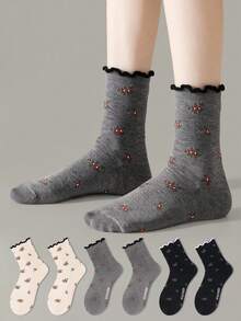 ZUJO 3 Pairs Black White Grey Women's Mid-Calf Socks, Floral Pattern, Ruffle Trim, Warm Soft Breathable, Suitable For All Seasons Daily Wear, Random Color Shipment - Multicolor - View 3