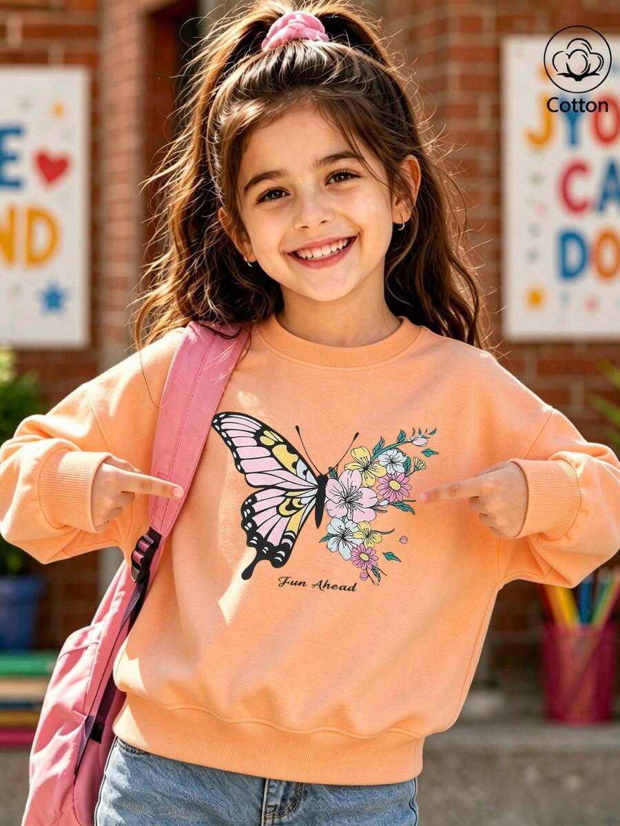 Cotton Girls Crewneck Pullover Sweatshirt, Autumn Winter Loose Fit With Butterfly Floral Print And Fun Ahead Text, Cute Sweet Girly Preppy Style - Hami Melon Orange - View 1