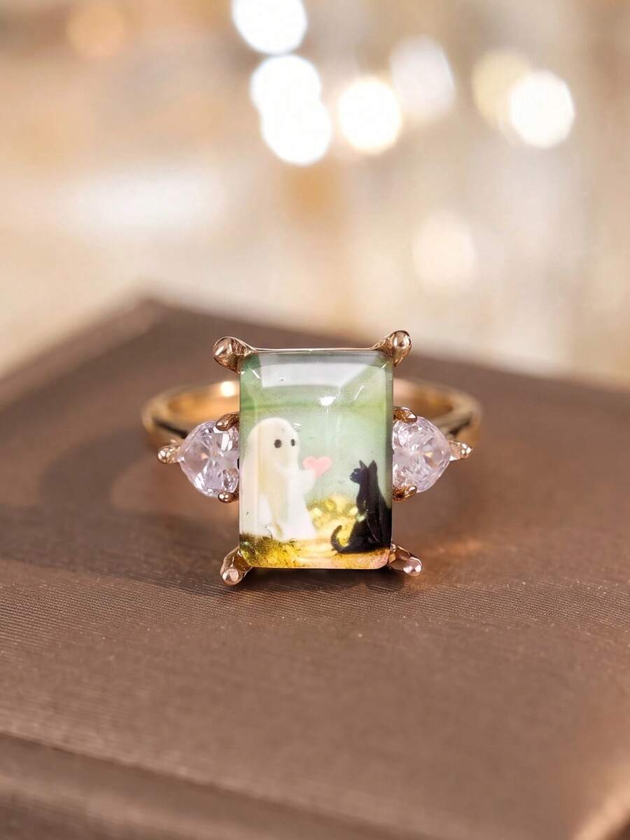 1pc Cute Ghost & Black Cat Rectangle Statement Ring, Gold Tone Pattern Ring, Women Fun Spooky Halloween Theme Jewelry Gift - Multicolor - View 1