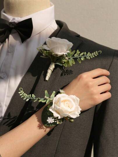 1pc/2pcs Ivory White Rose Men's Boutonniere & Women's Wrist Corsage, Groom And Groomsmen Boutonniere, Artificial Flower, Wedding Wrist Corsage, Suitable For Wedding Ceremony, Anniversary, Formal Dinner, Autumn Vintage Country Wedding Party