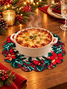 1-10pcs Christmas Linen Round Placemat & Trivet, Scalloped Edge Poinsettia Wreath Bell Holly Berry Printed Heat Insulation Table Mat, Festive Holiday Dining Kitchen Decor - Placemat - View 7