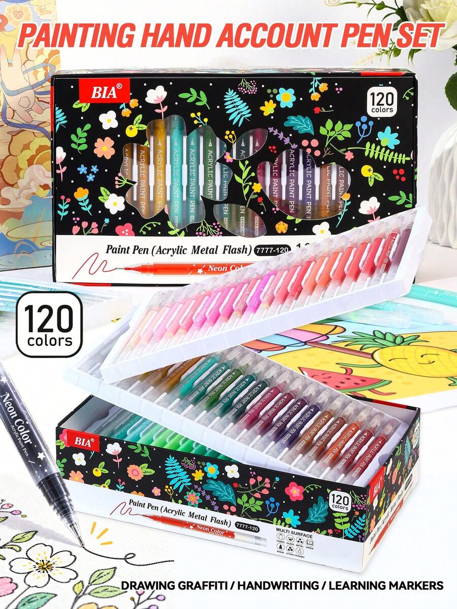 BIA 120 Colors Gel Pen Set - 1.0mm Tip, Acrylic Metallic Glitter Paint Marker, Multi-Color Marker, Needle Pen, Ballpoint Pen, Eyeliner Pen, Perfect For Vibrant Colorful Writing And Sketching, Smooth Writing, Used For Painting, Highlighting, Note-Taking, Making Manuals, Office Use - Multicolor - View 1