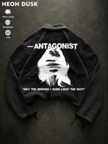 1pc Men's Frayed Hem Short Denim Jacket, Gothic "Opponent" Graphic Print Streetwear Style, 100% Cotton Fabric, Suitable For Men's Urban Punk Daily Wear - Black - View 1
