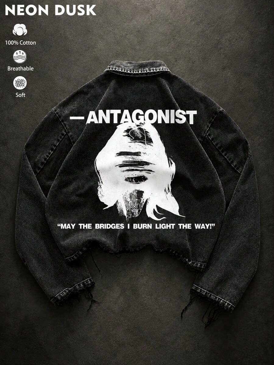 1pc Men's Frayed Hem Short Denim Jacket, Gothic "Opponent" Graphic Print Streetwear Style, 100% Cotton Fabric, Suitable For Men's Urban Punk Daily Wear - Black - View 1