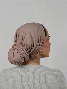 1pc Women's Instant Classic Basic Solid Color Hijab, Multiple Wearing Styles Adjustable Versatile Practical Elastic Turban, Modal Fabric Comfortable Soft Skin-Friendly, Suitable For Daily Wear, Sports, Yoga - Light Khaki - View 4