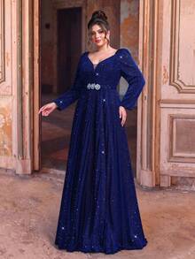 Plus Size Fall Winter Elegant V-Neck Long Sleeve Pleated Maxi Dress Evening Gown With 3D Floral Waist Decor For Party Wedding Guest, Mother Of Bride - Navy Blue - View 1