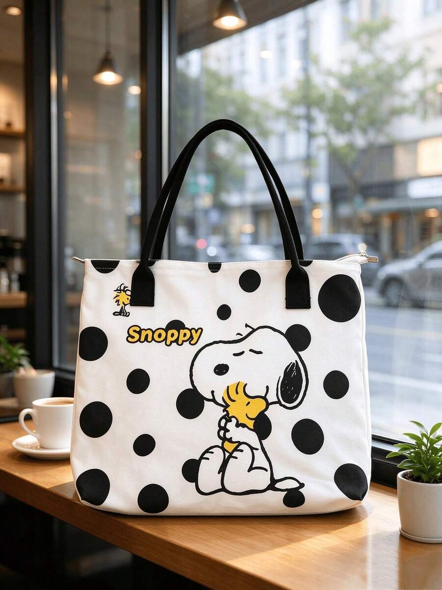 SNOOPY 1件花生史努比印花帆布斜挎手提包,休閒極簡風後背包,多功能小肩背包,耐用可調節肩帶,適合女性與青少年,適用日常出行、上班、上學與購物 - 彩色 - 查看 1