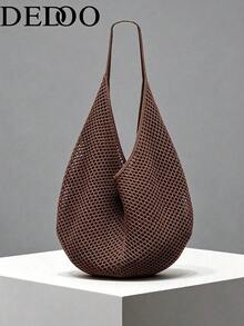Dedoo 棕色鏤空網眼針織波希米亞單肩包，大號水滴形鏤空編織托特包，附細長一體式手柄 - 咖啡 - 查看 2